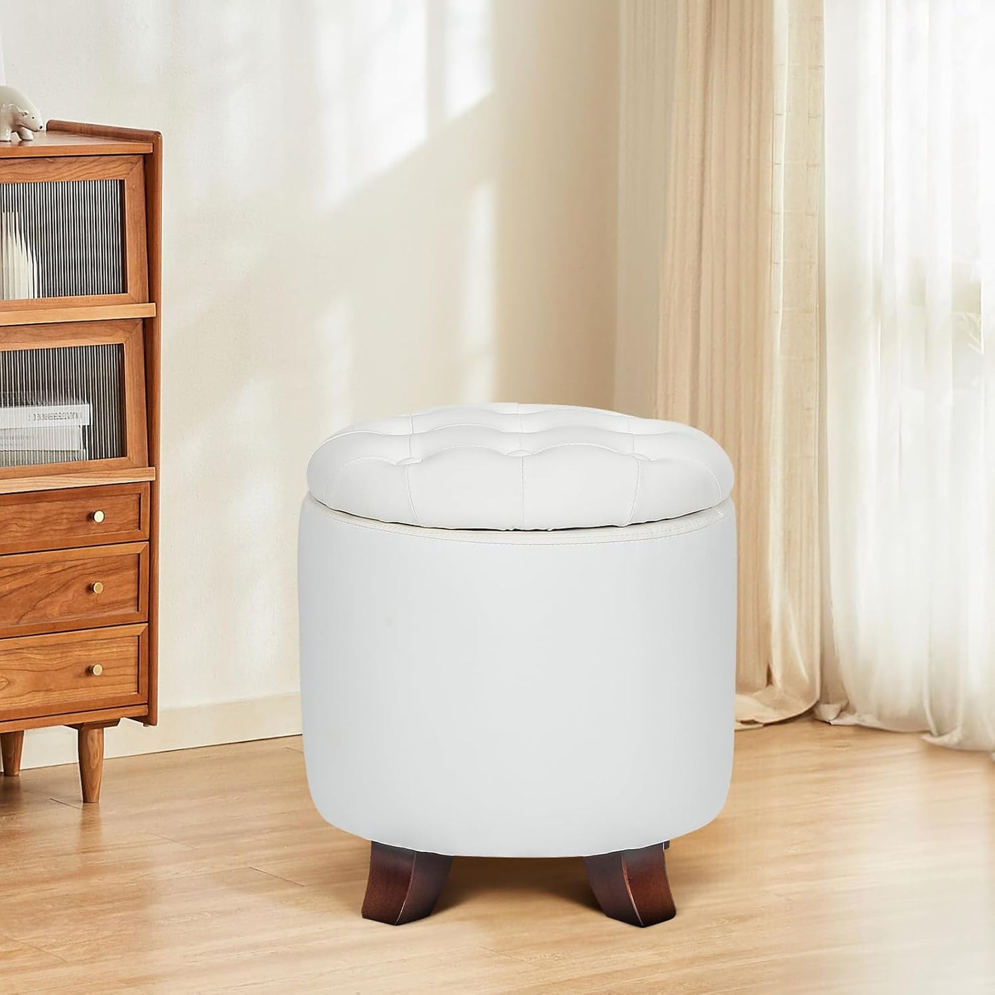 Athena Collection 15 Inch Small Ottoman with Storage, Round PU Leather Storage Ottoman Foot Rest with Removable Lid, Multipurpose Footstool Footrest for Living Room, Bedroom, Dorm, White