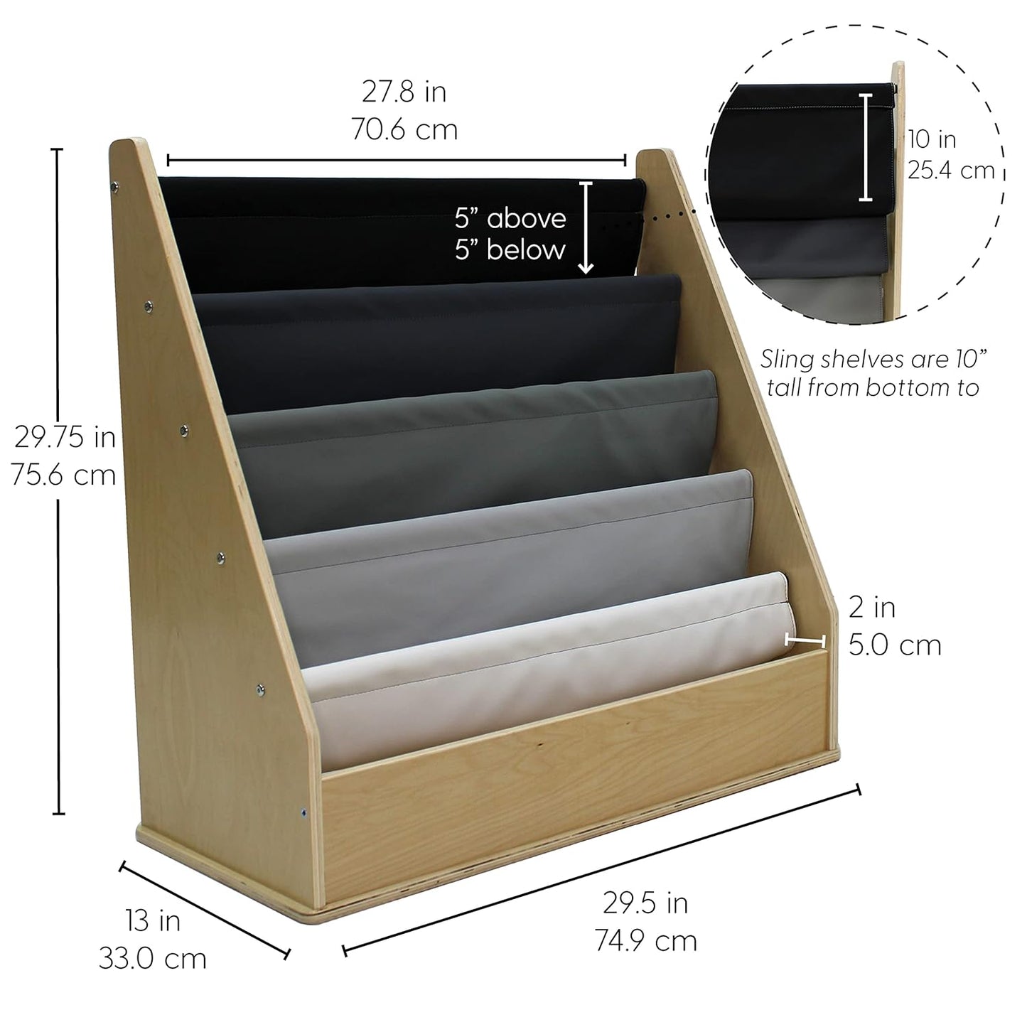 FDP Birch SoftScape Sling Book Display, 4-Shelf Vinyl Storage for Kid's Books and Magazines, Children's Furniture for Bedroom, Playroom, Daycare, Preschool or Classroom - Gray/Light Gray, 13745-GYLG