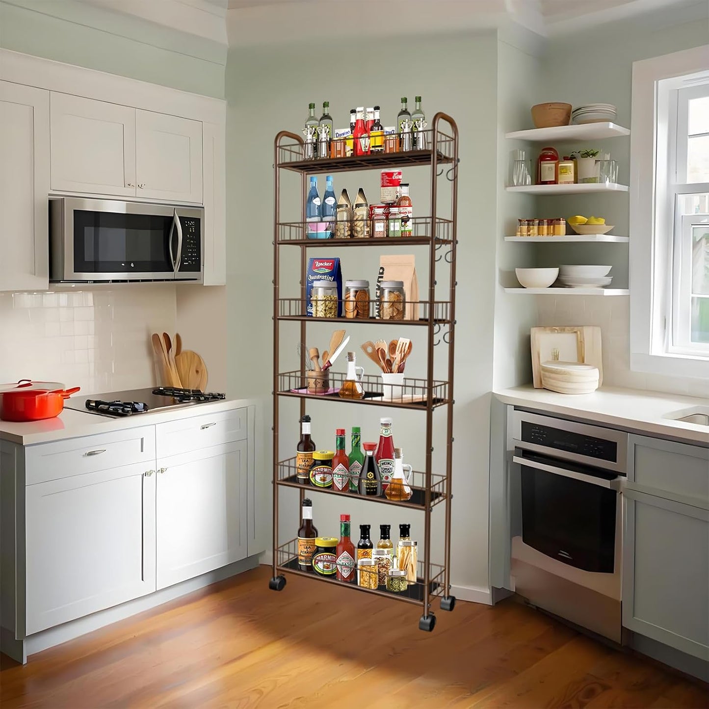 6-Tier Slim Storage Cart with Wheels, 6in Narrow Rolling Shelf,Sturdy Slim Storage Ideal for Kitchen, Bathroom, and Laundry Room,Champagne Gold