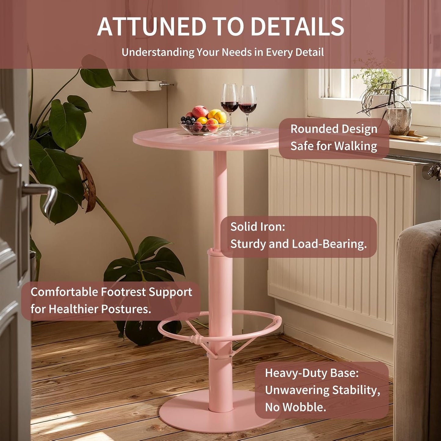 42" Tall Modern Industrial Bar Table-23.6" Dia Round Metal Top Standing Pub Cocktail Bistro Table-Indoor Outdoor Patio-Commercial Grade, Heavy Duty (Peach-Pink)