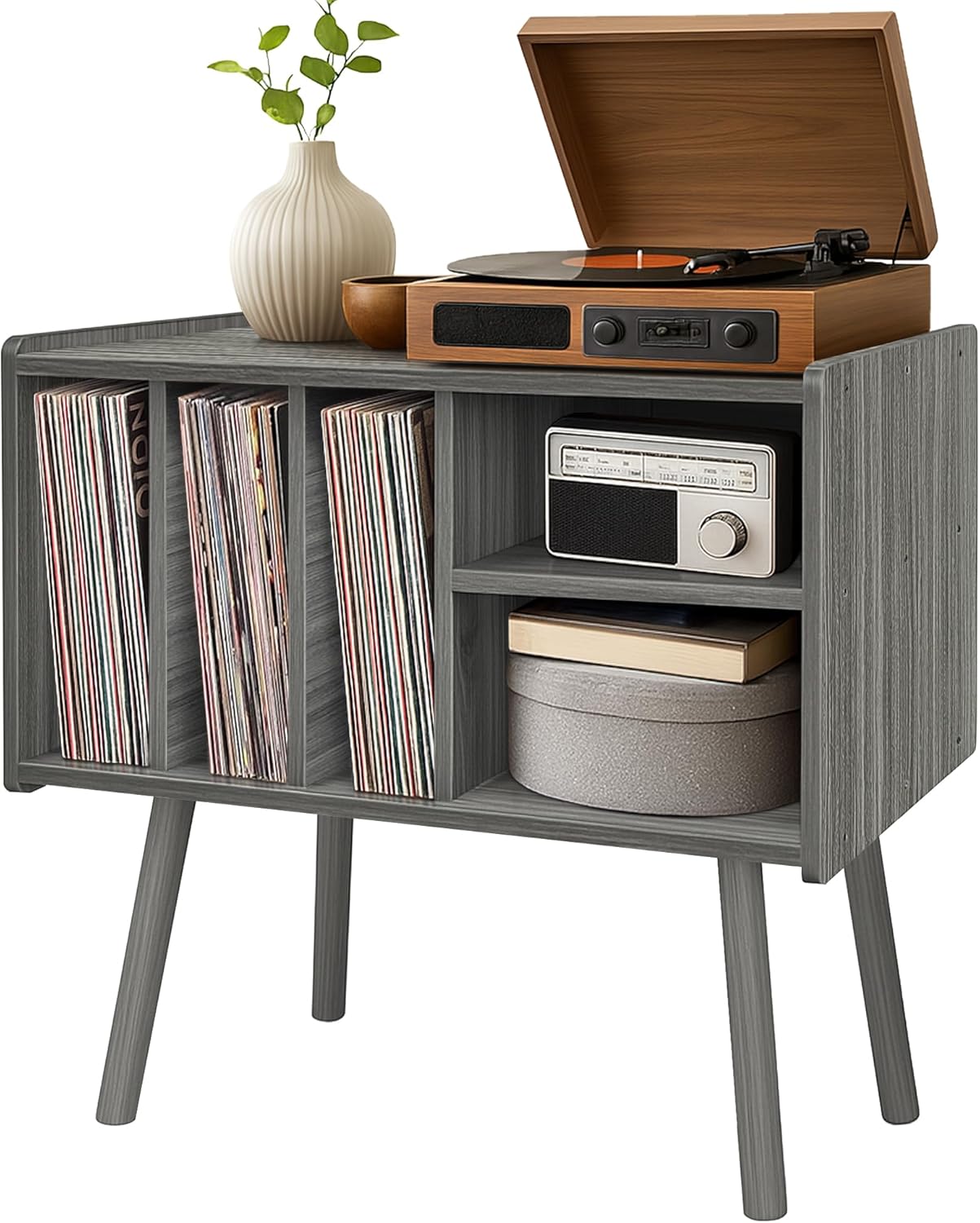 Record Player Stand with Vinyl Storage, Wooden Record Player Table with 5 Cabinet, Large Vinyl Record Player Stand, Record Player Holder, Record Player Shelf for Office Living Room, Gray