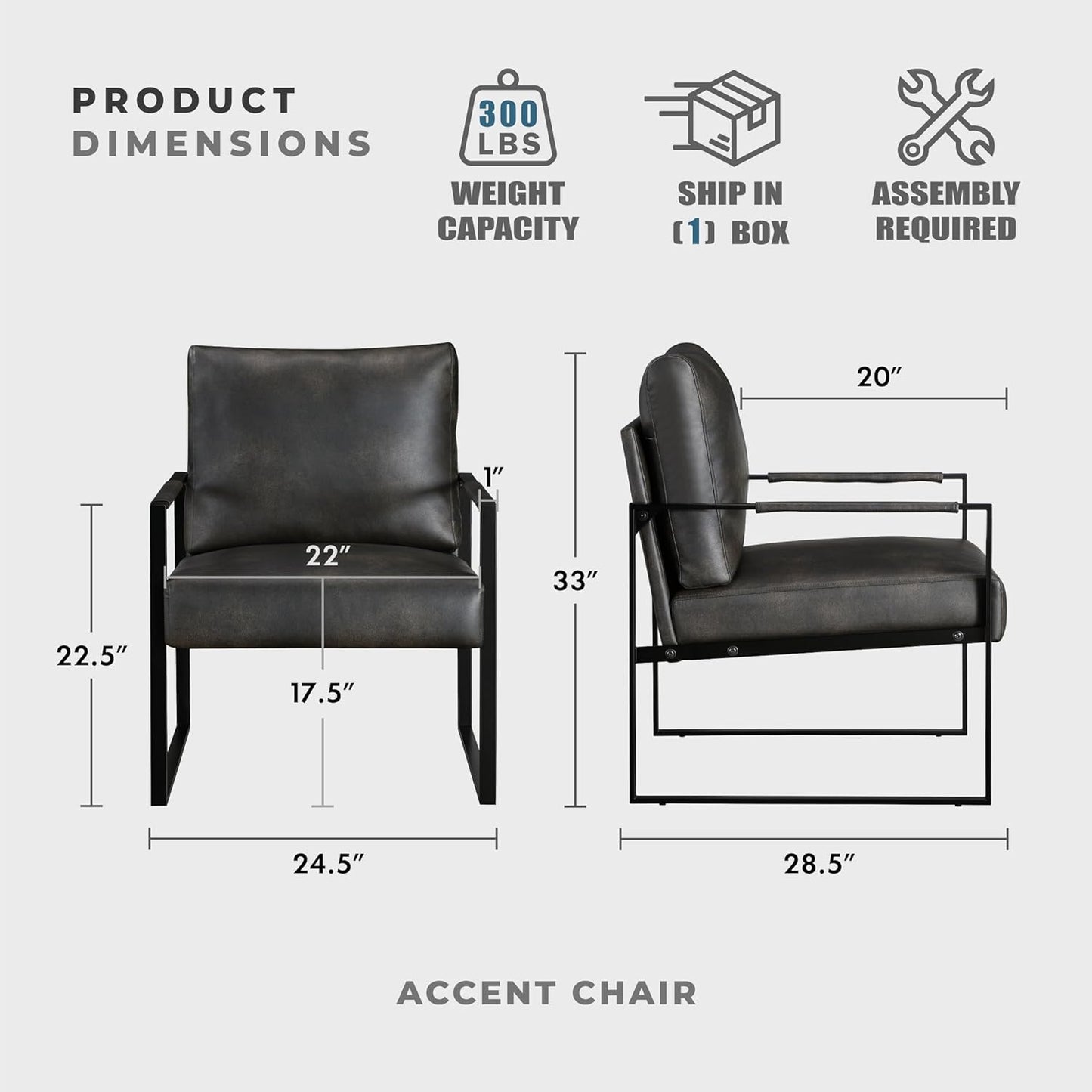 Lexicon Modern Accent Chair, Faux Leather Upholstered Living Room Chair With Wrapped Armrests, Arm Chair With Black Metal Frame,Comfy Single Chair For Living Room/Bedroom/Reading Room/Office,Dark Grey