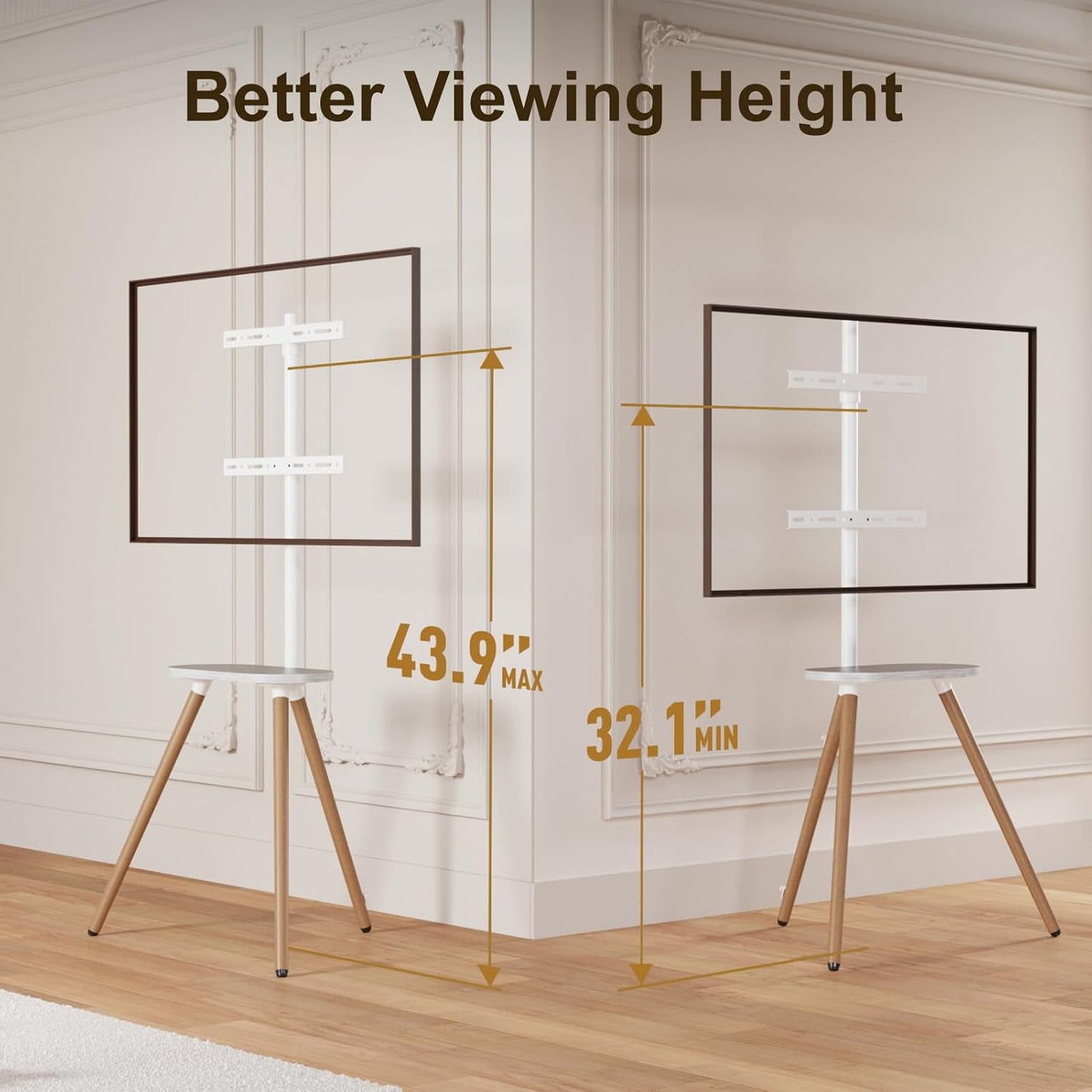Tripod Easel TV Stand for 43-65" TVs, Height-Adjustable Swivel Corner Floor TV Stand with Wooden Tray, VESA 400x400 LCD/LED/OLED Compatible, Minimalist White