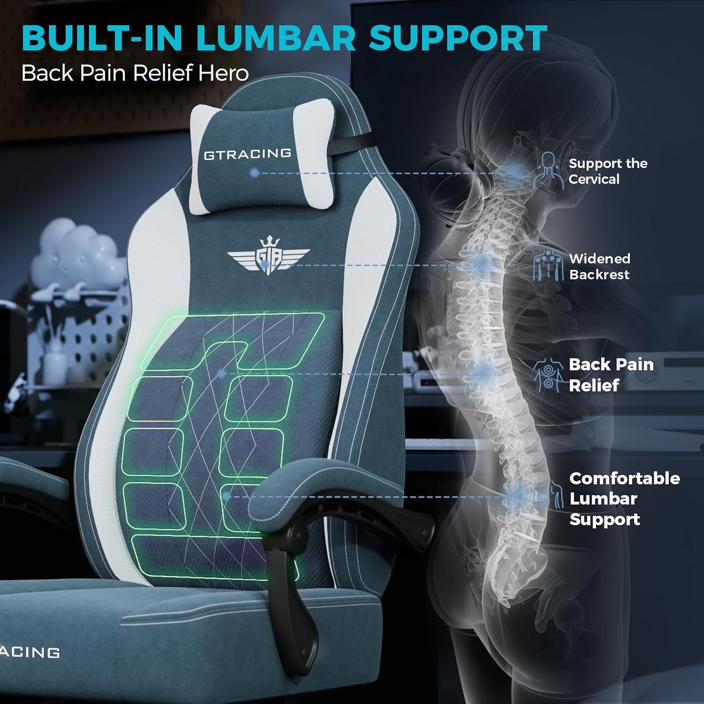 GTPLAYER Big and Tall Gaming Chair Breathable Fabric Computer Chair with Strong Lumbar Support, Comfortable Office Chairs with Pocket Spring Cushion, High Back Ergonomic Desk Chairs with Footrest