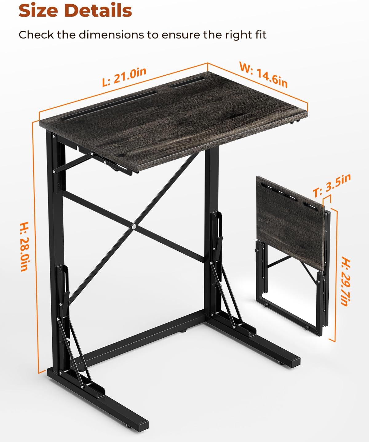 21''Wx28''H Folding TV Tray for Eating, Small Foldable C-Shaped Tray Table with Tablet and Phone Slots, Slide Under Couch Side Table for Recliner, Living Room, Bedroom, Deep Grey