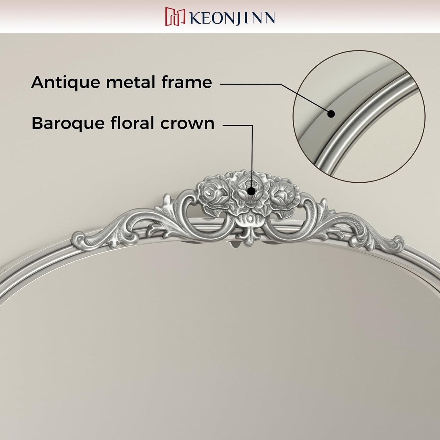 Keonjinn Vintage Arched Mirror for Wall, 20" x 30" Silver Mirror with Metal Frame, Ornate Vanity Mirror, Baroque Arch Mirror, Decorative Brass Mirror for Mantle, Living Room, French Cleat Mounting