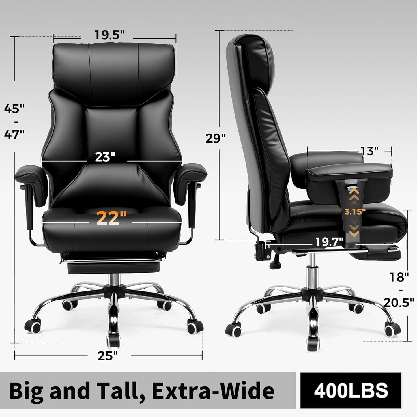GTRACING Big and Tall Gaming Chair 400lbs Heavy Duty Office Chair with Foot Rest & Ergonomic Pocket Spring Cushion, High Back Lumbar Support for Lower Back Pain Relief, Ergo Black