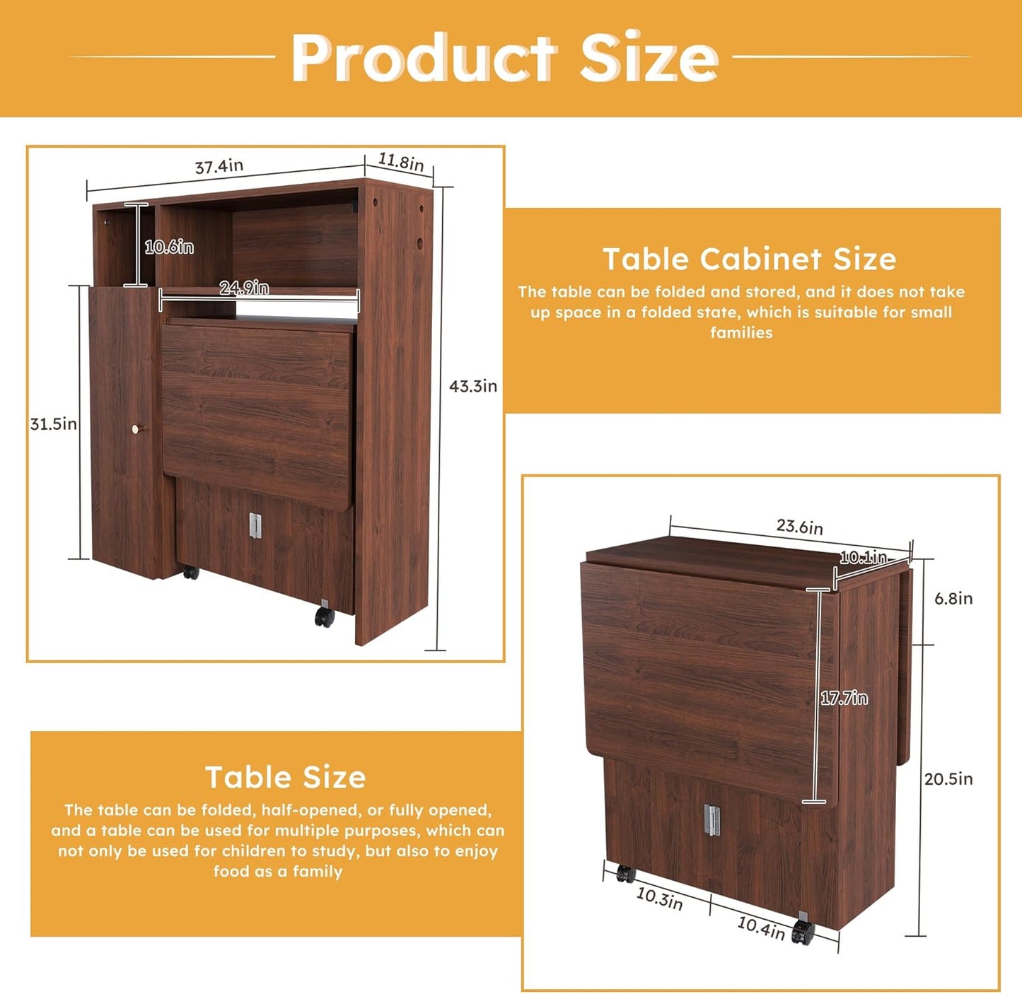 Ball & Cast Multifunctional Folding Dining Table with Wall-Mounted Sideboard & Storage,Wood Kitchen Island w/Four-in-one Socket and Silent Wheels,Space-Saving,Easy to Assemble,for Dining Room,Walnut