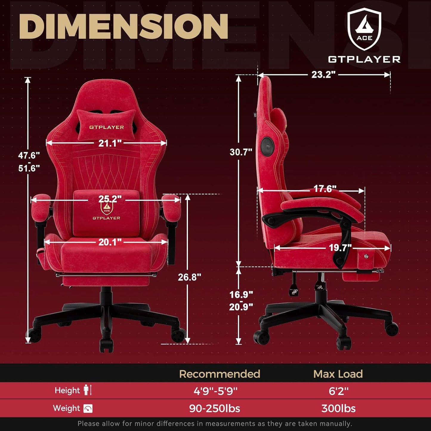 GTPLAYER ACE-PRO Music Gaming Chairs – Built-in Speakers, App Support & Bluetooth Control, Footrest & Pocket, Gamer Chair for Adults, Cherry Red - Velvet