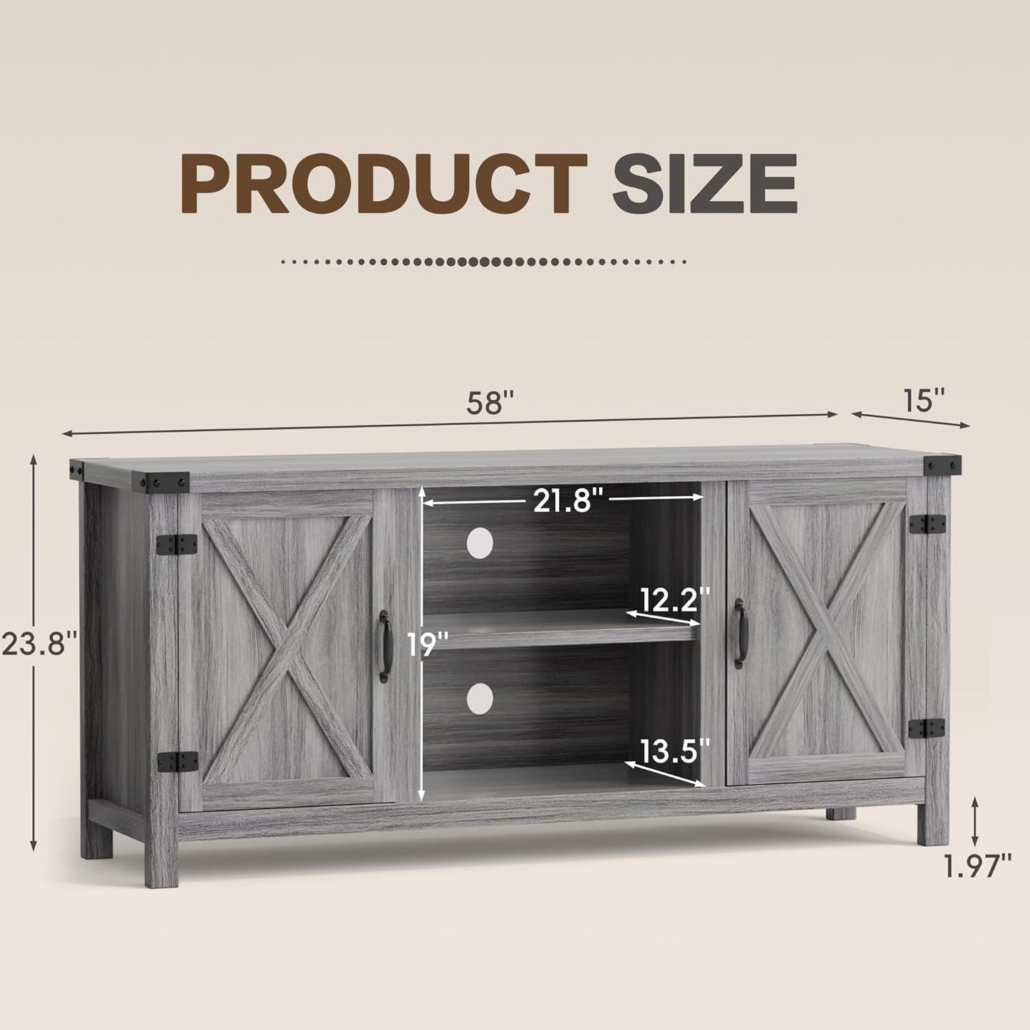 YESHOMY Farmhouse Buffet & Sideboard, 58" Kitchen Storage Cabinet with Adjustable Shelves & Doors, Wood Coffee Bar for Living Room, Entryway, Gray Washed