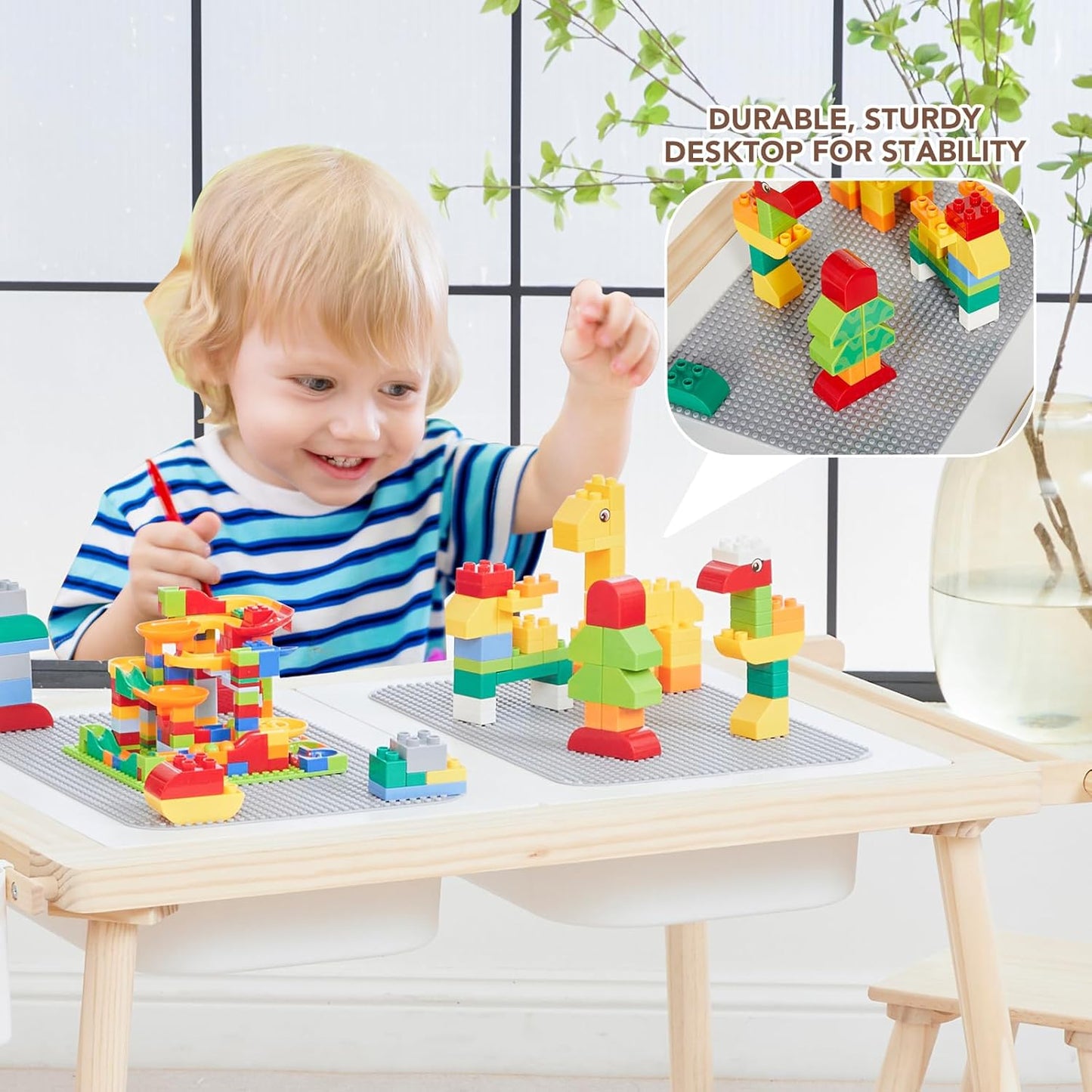 5-in-1 Kids Sensory Table and Chair Set – Wooden Sand and Water Play, Building Blocks, Study, Dining, Toy Storage, Children's Gifts for Boys and Girls