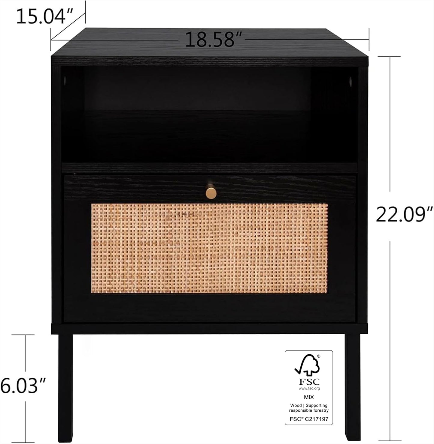 Rattan Night Stand Set 2, Boho Bedside Table Black Nightstand with Rattan Door, Storage Cabinet, Open Storage Space & Sturdy Metal Legs, Accent Bed Side Table, Wood End Tables Bedroom