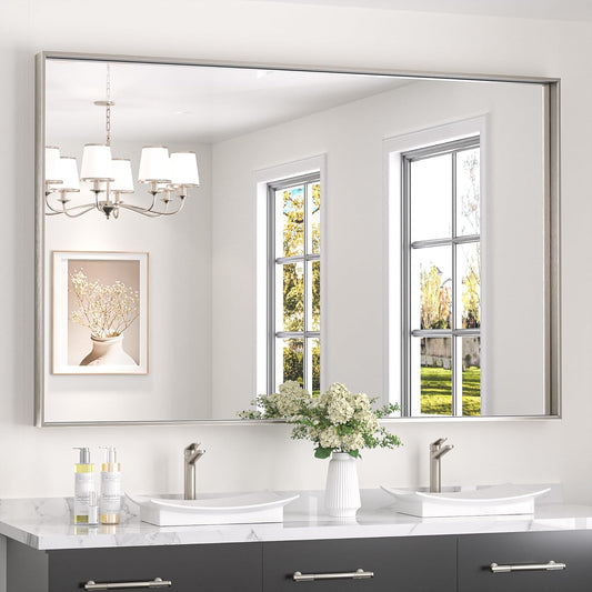 Keonjinn Brushed Nickel Bathroom Mirror 60 x 40 in Rectangle Frame Mirror for Over Sink, Rectangular Metal Framed Vanity Mirror Square Corner Aluminum Alloy Modern Silver Mirror(Horizontal/Vertical)