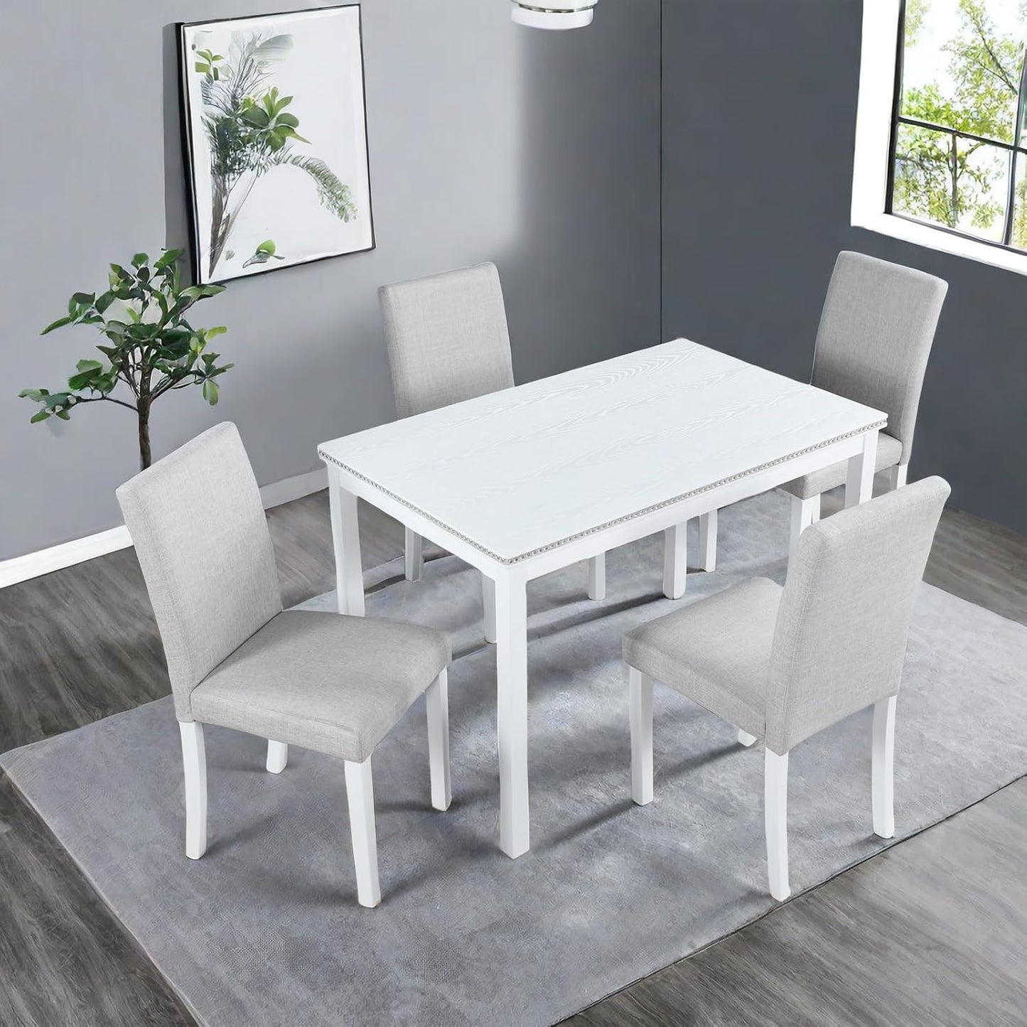 Dining Table Set, 5 Piece Counter Height Table Set with Rectangular Table and 4 Upholstered Chairs, Wooden Dinner Set with Crystal Decoration, Dining Chair with Footrest, Beige&White