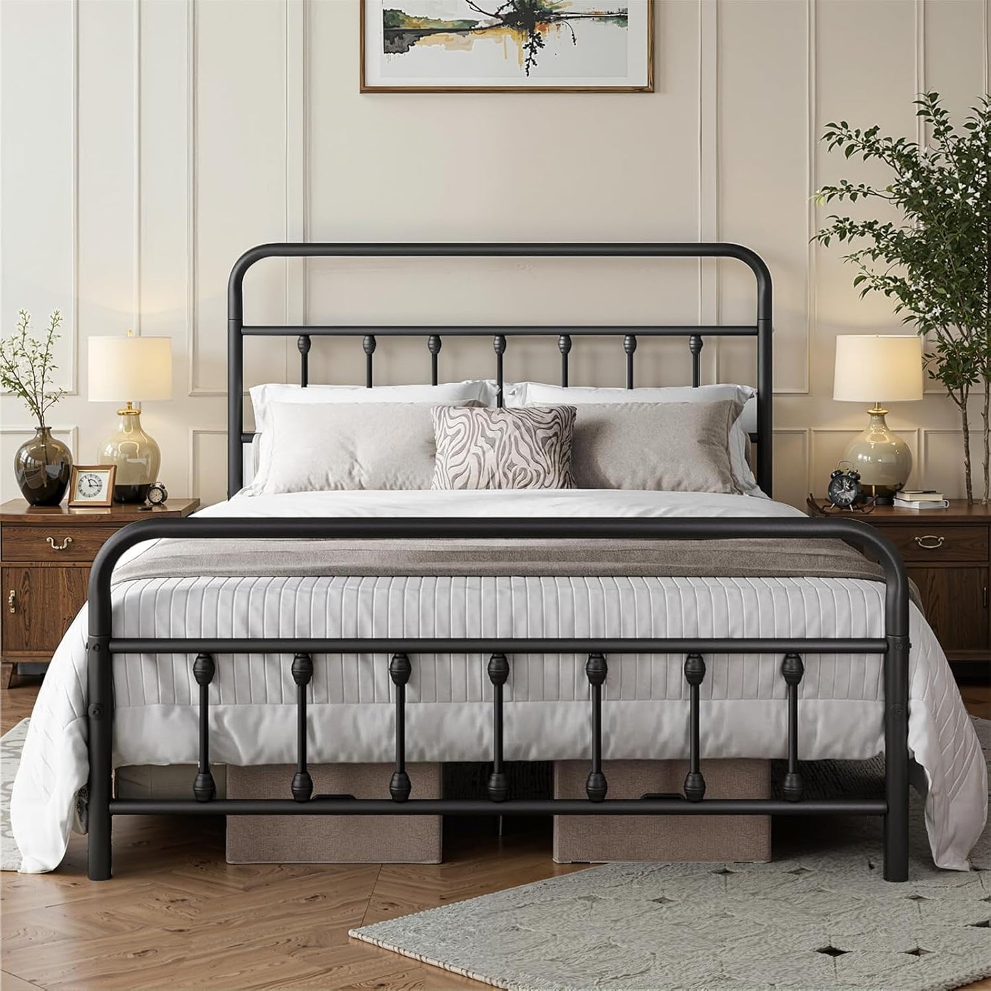 Queen Bed Frame-Classic Metal Platform Bed Frame Mattress Foundation with Victorian Style Iron-Art Headboard/Footboard/Storage Space/No Box Spring Needed/Black