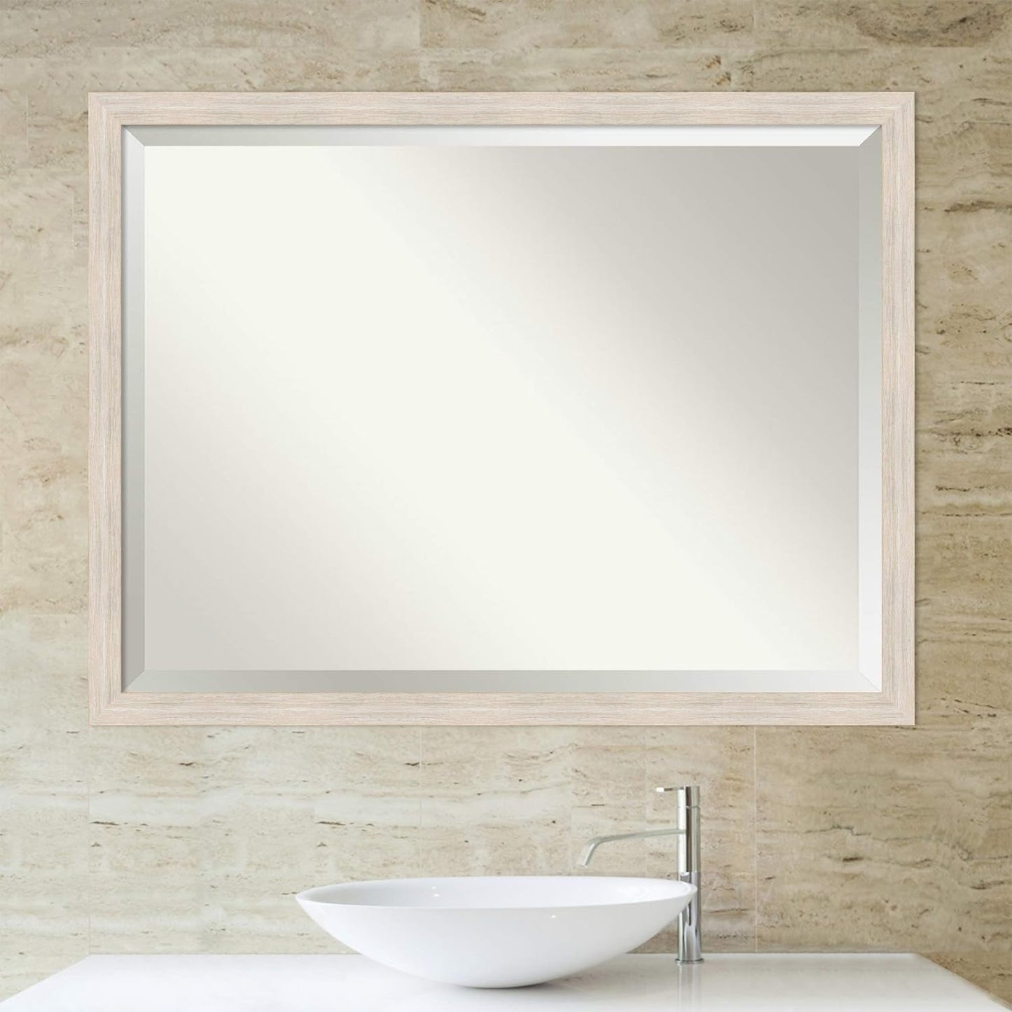 Amanti Art White Bathroom Mirror for Over Sink, 33x43 Hardwood White Wash Narrow Rectangle Vanity Mirror, X-Large Rustic Farmhouse Wood Frame, Hangs Horizonally and Vertically, Bathroom Wall Decor