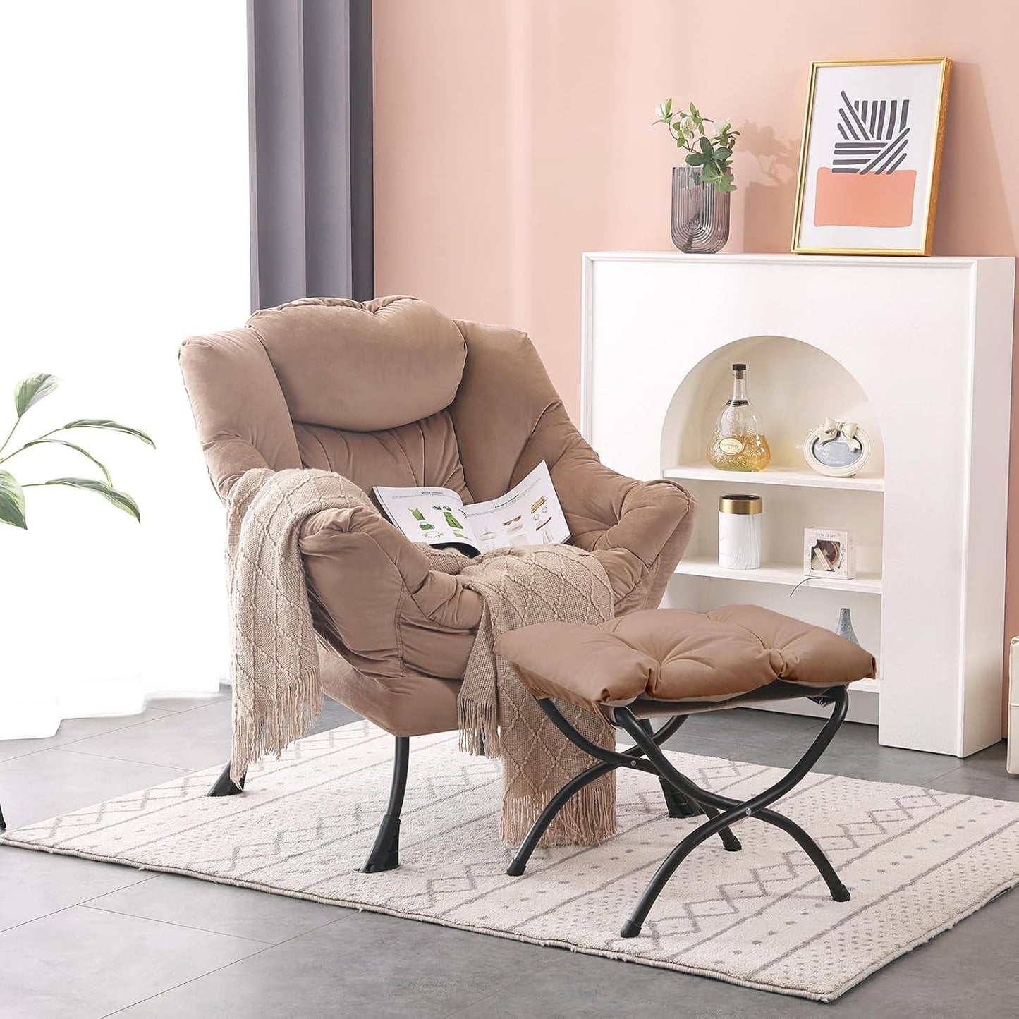 Lazy Chair with Ottoman, Modern Accent Chair Contemporary Lounge Leisure Sofa Chair with Armrests, Reading Chair and Folding Footstool Set for Living Room, Bedroom, Office, Khaki