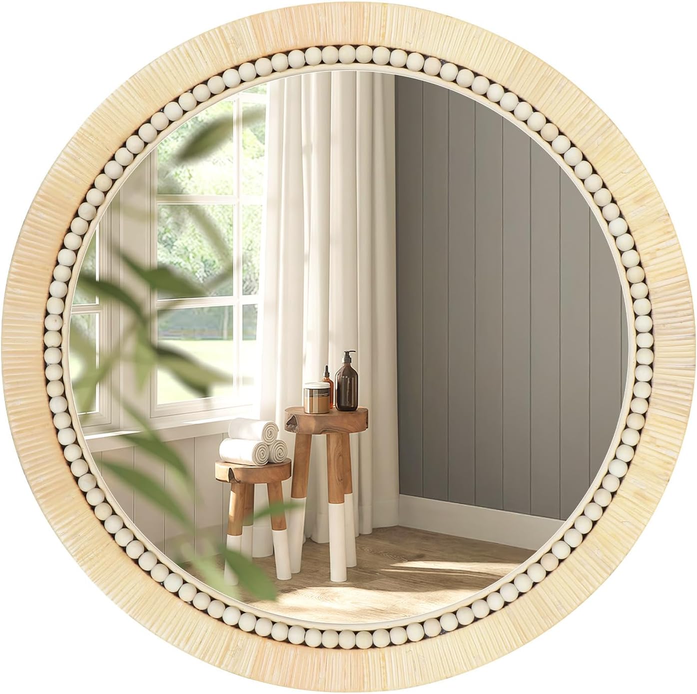 ULIKE Round Rattan Mirror, Bathroom 30 Inch Rustic Farmhouse Wall Decor with Handmade Wicker Frame, Boho Mirror for Nursery Bedroom Living Room Entryway