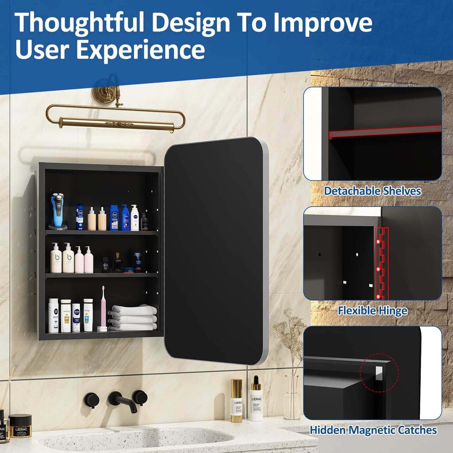 16x24 Inch Medicine Cabinet for Bathroom with Mirror Brushed Silver Metal Framed Recessed Bathroom Medicine Cabinet with Mirror Wall Mounted