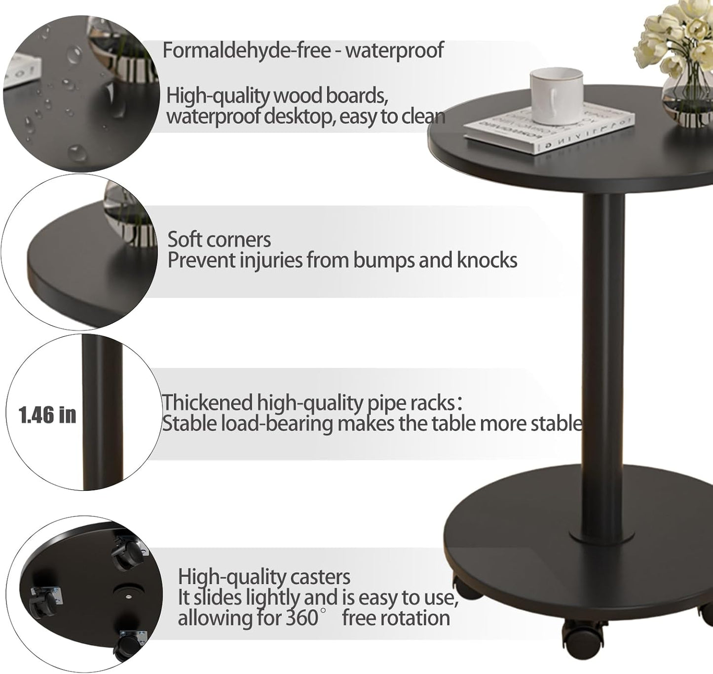 Pedestal Table on Wheels TV Tray Table, Rotating Couch Round Tables, Small Side Table for Living Room and Bedroom Sofas, Beds, Mini Coffee Tables, (H) 22.4 *(W) 11.8 (Assembly Required)