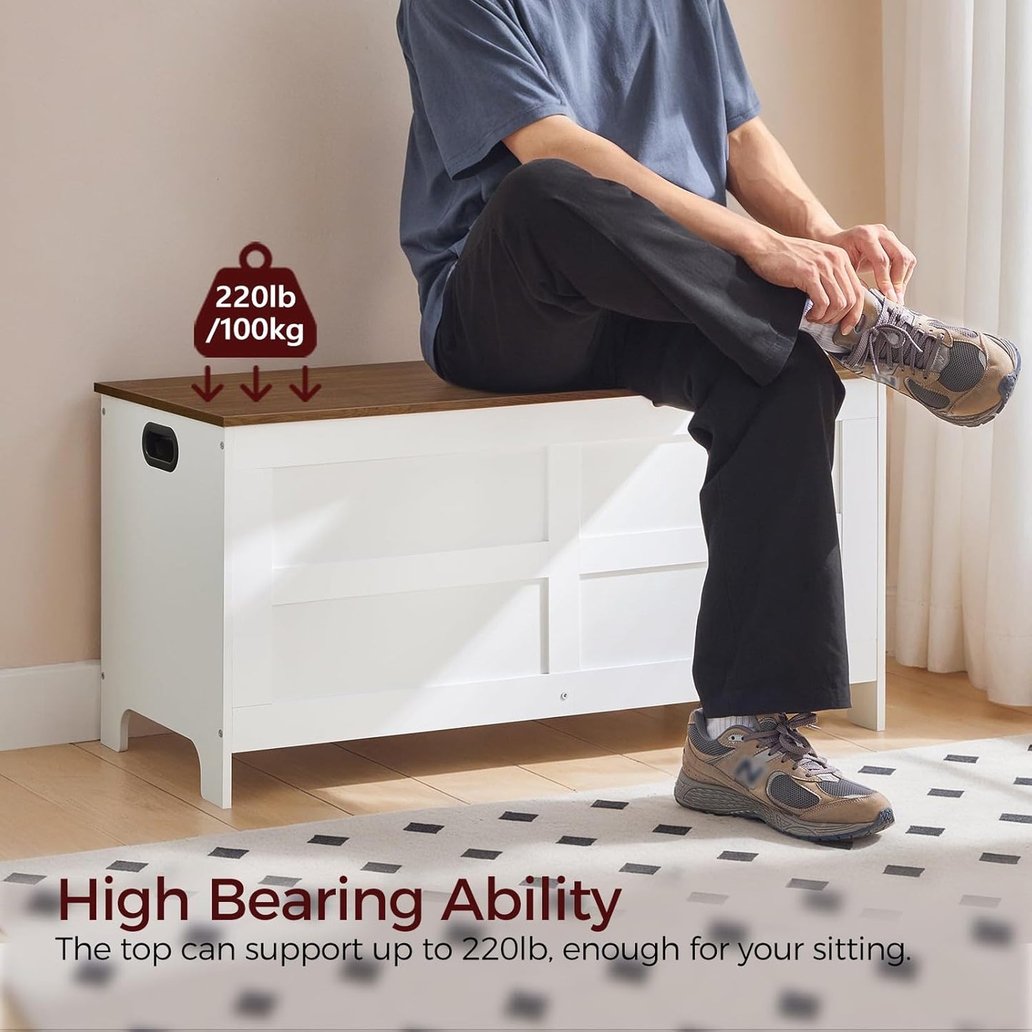 Storage Chest, 39.4” Large Toy Chest, Entryway Storage Trunk, Storage Bench with Safety Hinge, Entrance Bench for Living Room, Entrance, Bedroom, White+Walnut SCBZ48301