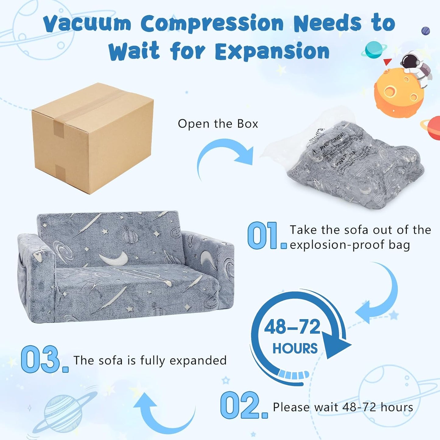 Toddler Couch,Toddler Chair, 2-in-1 Baby Seat Furniture Fold Out, Convertible Sofa to Lounger Soft Comfy Glow in The Dark Kids Sofa Bed Gifts for Kids Girl Boys,Star,Large