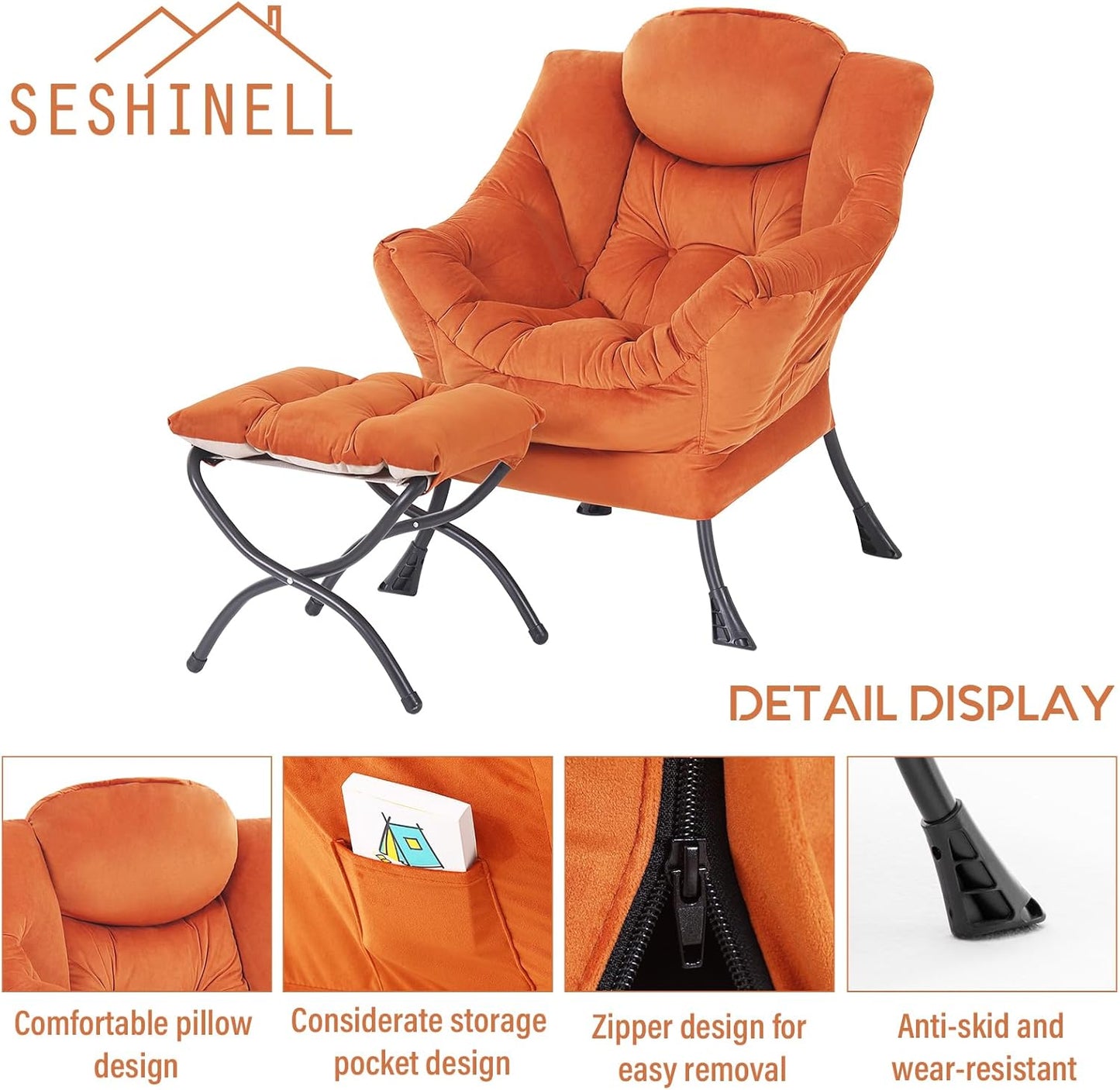 Lazy Chair with Ottoman, Modern Accent Chair Contemporary Lounge Leisure Sofa Chair with Armrests, Reading Chair and Folding Footstool Set for Living Room, Bedroom, Orange