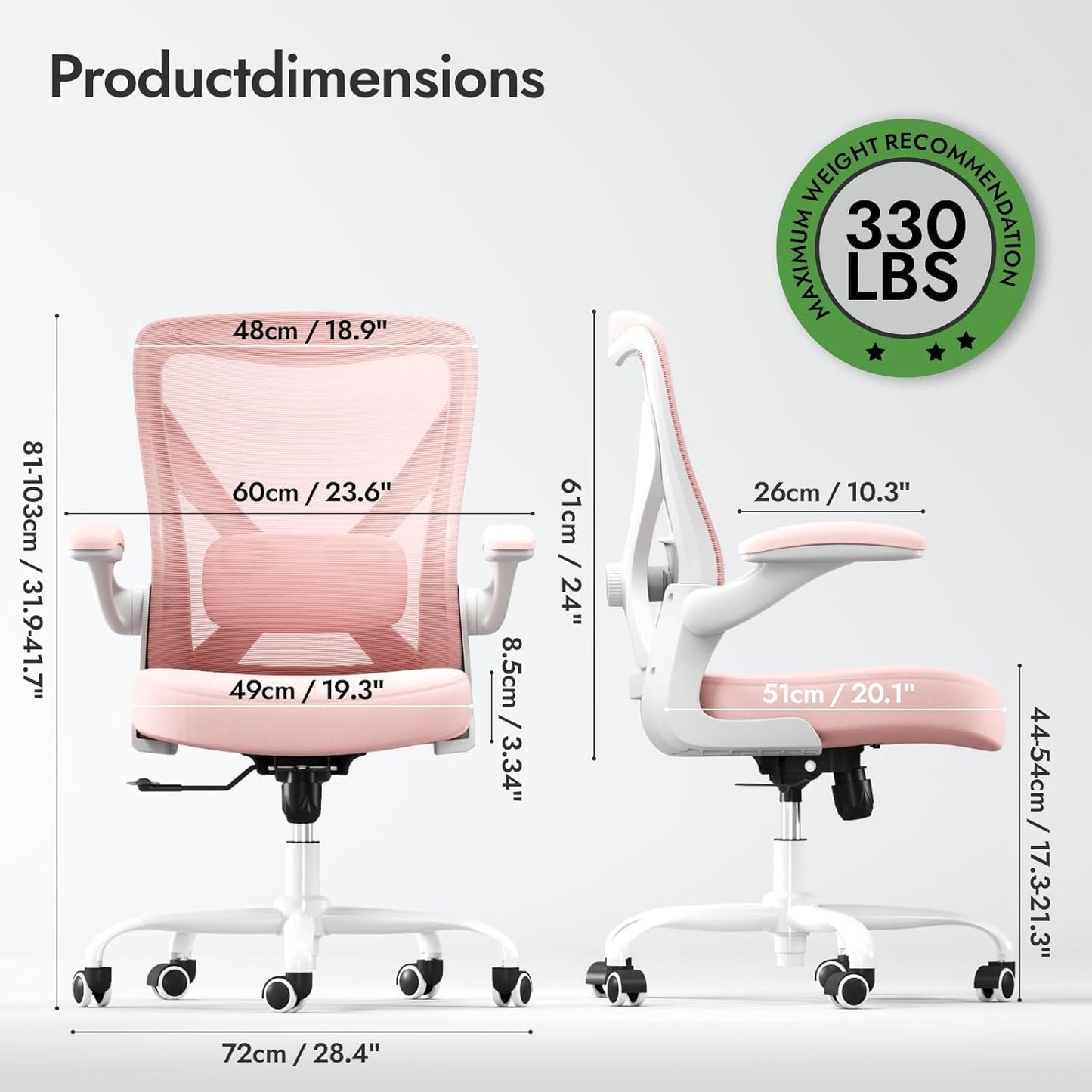 Ergonomic Office Chair: Mesh Desk Chair with Adjustable Lumbar Support 330lbs High Back Computer Gaming Chair - Work Chairs with Flip-Up Arms for Long Hours-Adults Home Office (Pink)