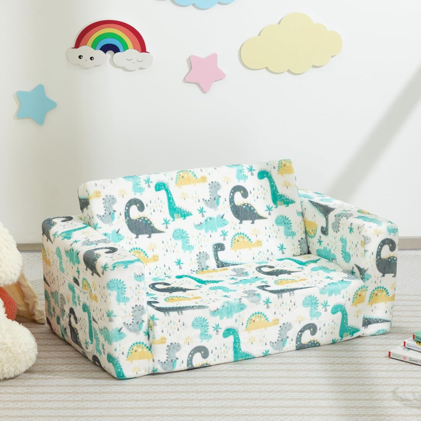 ALIMORDEN Fold Out Toddler Couch, Extra Wide Comfy 2-in-1 Cuddly Sherpa Sofa for Kids, with Removable Baby Friendly Blanket, Convertible Sofa to Bed, Dinosaur