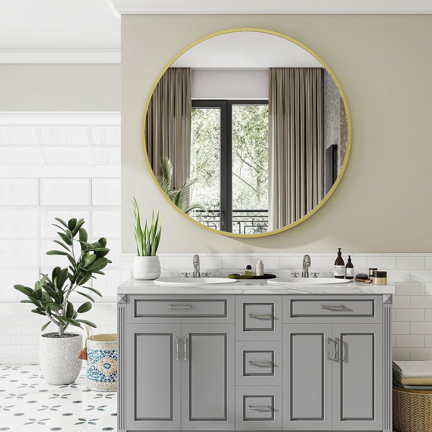 Black Round Bathroom Mirror, 42 inch Large Circle Wall Mounted Hanging Mirror with Simple Modern Circular Metal Frame for Hallway, Entryway, Living Room, Gold Frame