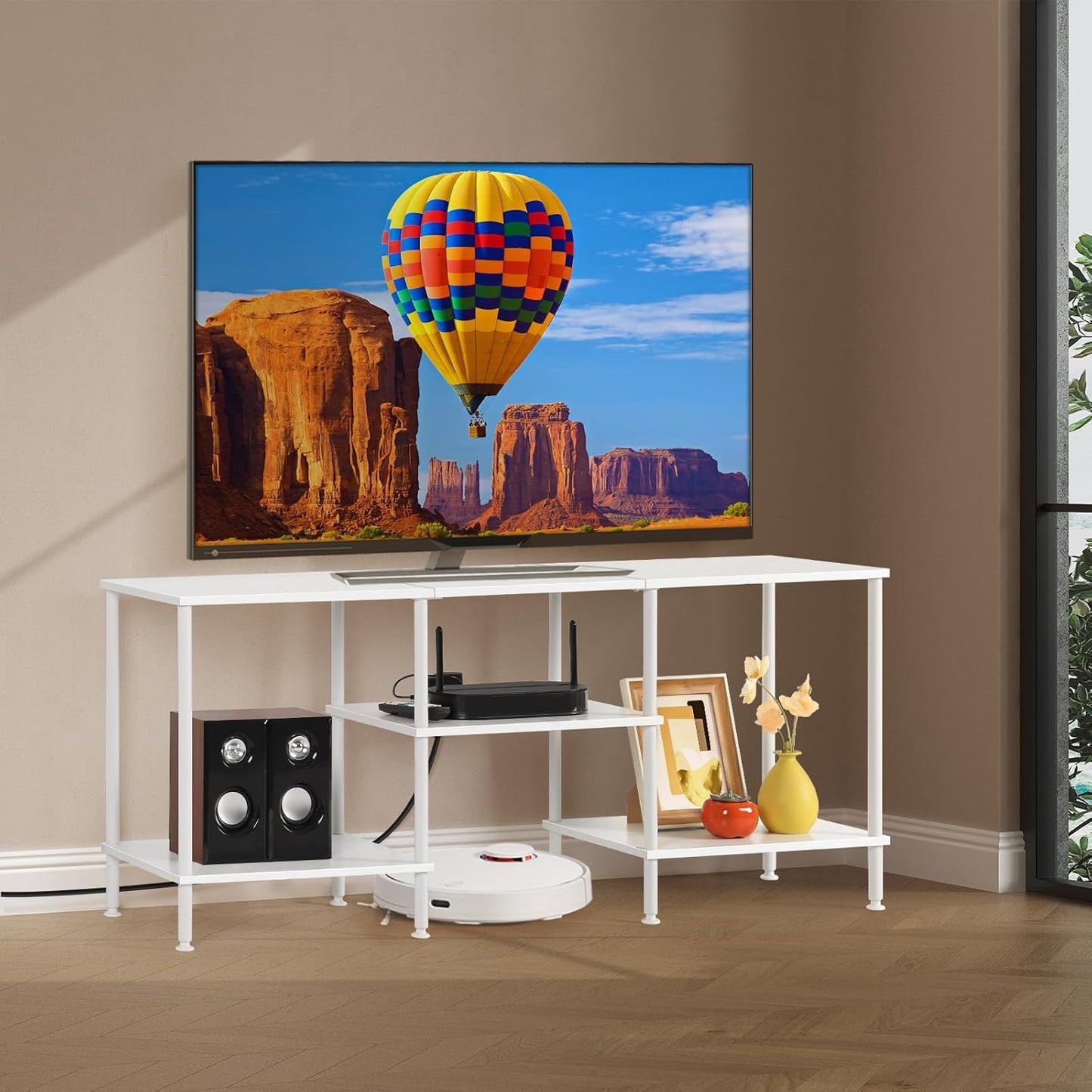 BTY White TV Stand with Storage, Wood Entertainment Center with Power Outlet, 3 Tier Small TV Table with Open Shleves for Living Room, Bedroom, Small Space, up to 50 inch TV