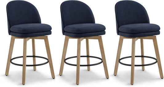 Counter Height Barstools 26 inch Upholstered Swivel Bar Stools with Back and Wood Legs for Kitchen Island,Set of 3,Blue Fabric-Armless