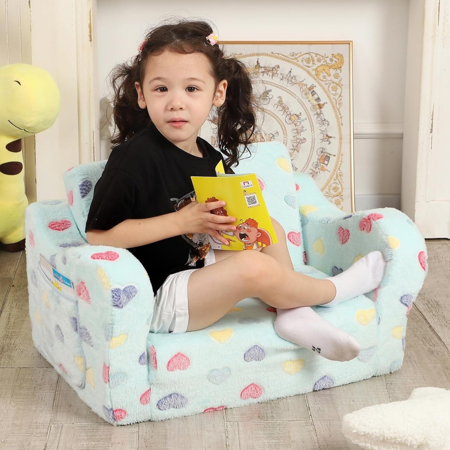 Toddler Couch, 2-in-1 Toddler Soft Couch Fold Out with Star Pillow, Convertible Sofa to Lounger for Girls and Boys, 1-Seat