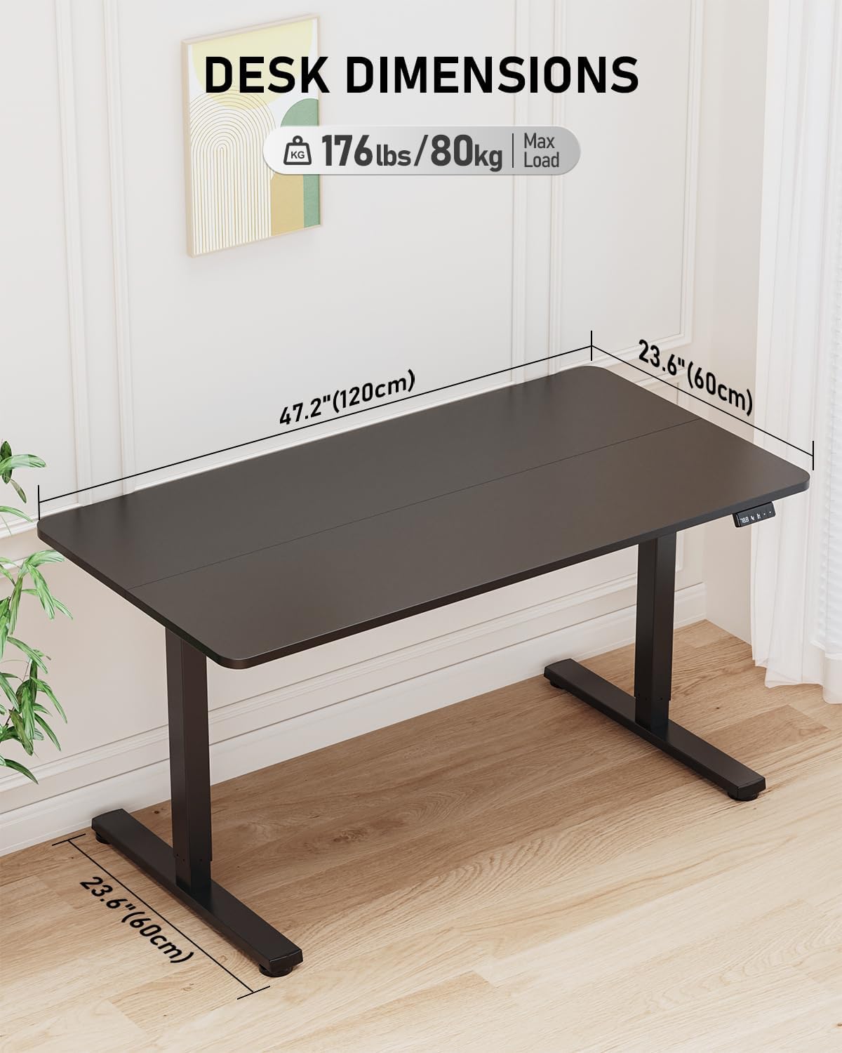 Electric Standing Desk, Large Height Adjustable Stand up Desk, 48 x 24 Inches Sit Stand Home Office Desk, with Splice Board, Black Frame/Black Top