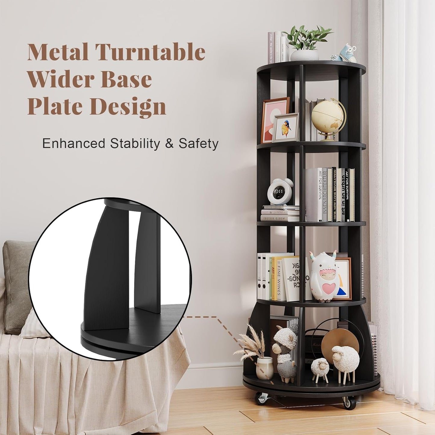 4 Tier Rotating Bookshelf with Brake Wheels, 360° Spinning Bookcase, Vertical Floor Standing Revolving Bookshelf Organizer for Small Spaces, Corner, Living Room, Bedroom, Black