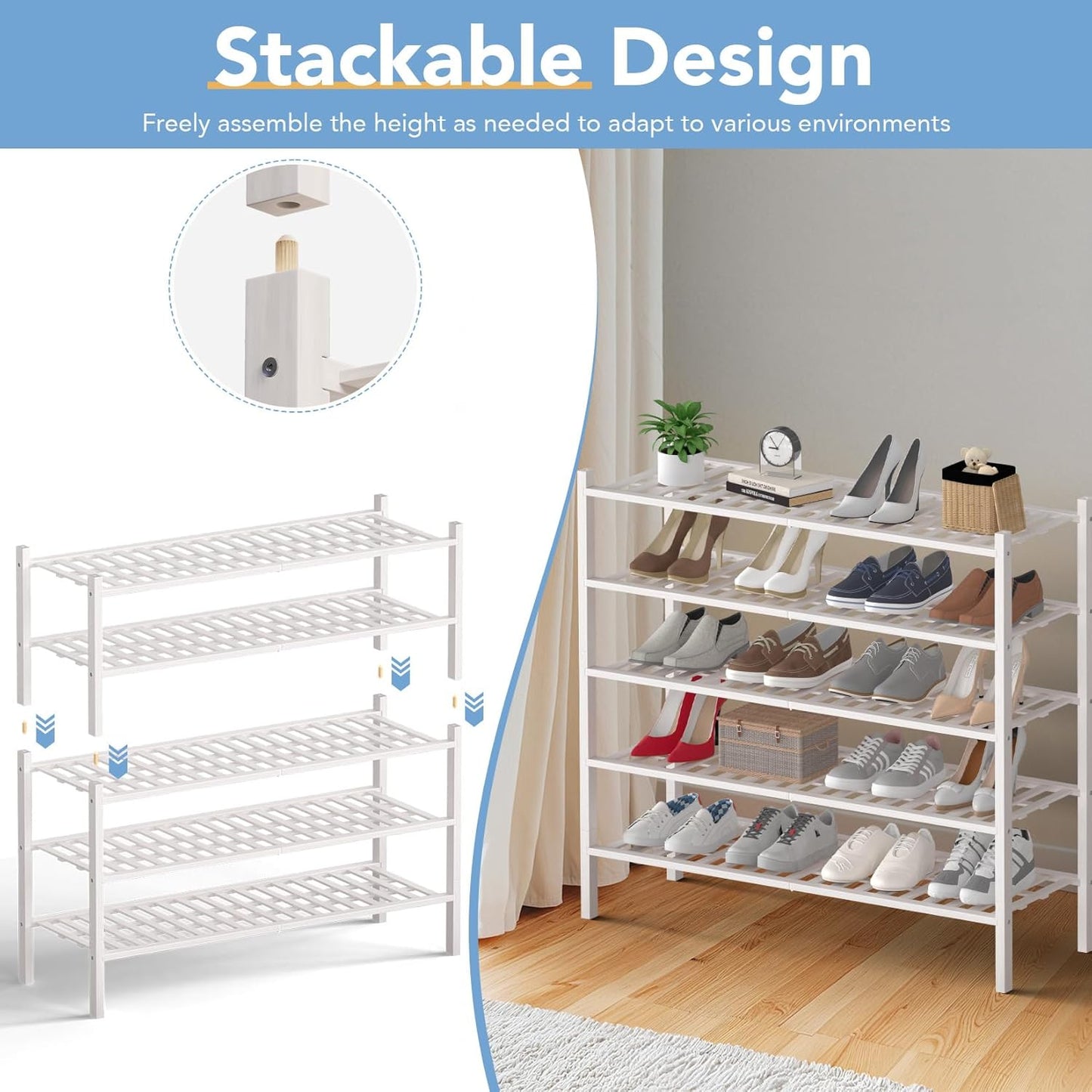Haddockway Long 3 Tier Bamboo Shoe Rack Storage Organizer, Multifunctional Free Standing Stackable Shoe Shelf with Grid Panel for Closet,Hallway,Entryway,Small Space 34.2"x11"x20"(White, 3-Tier(Long))