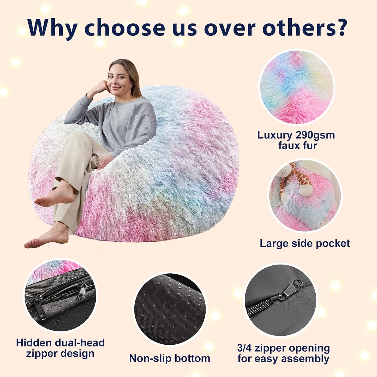 5FT Rainbow Bean Bag Chair Cover for Stuffed Animals Storage, Gaint Faux Fur Washable Bean Bag Covers(No Filler) for Textile Plush Toys, Colorful Beanbag Chair Cover for Adults Teens girl gifts