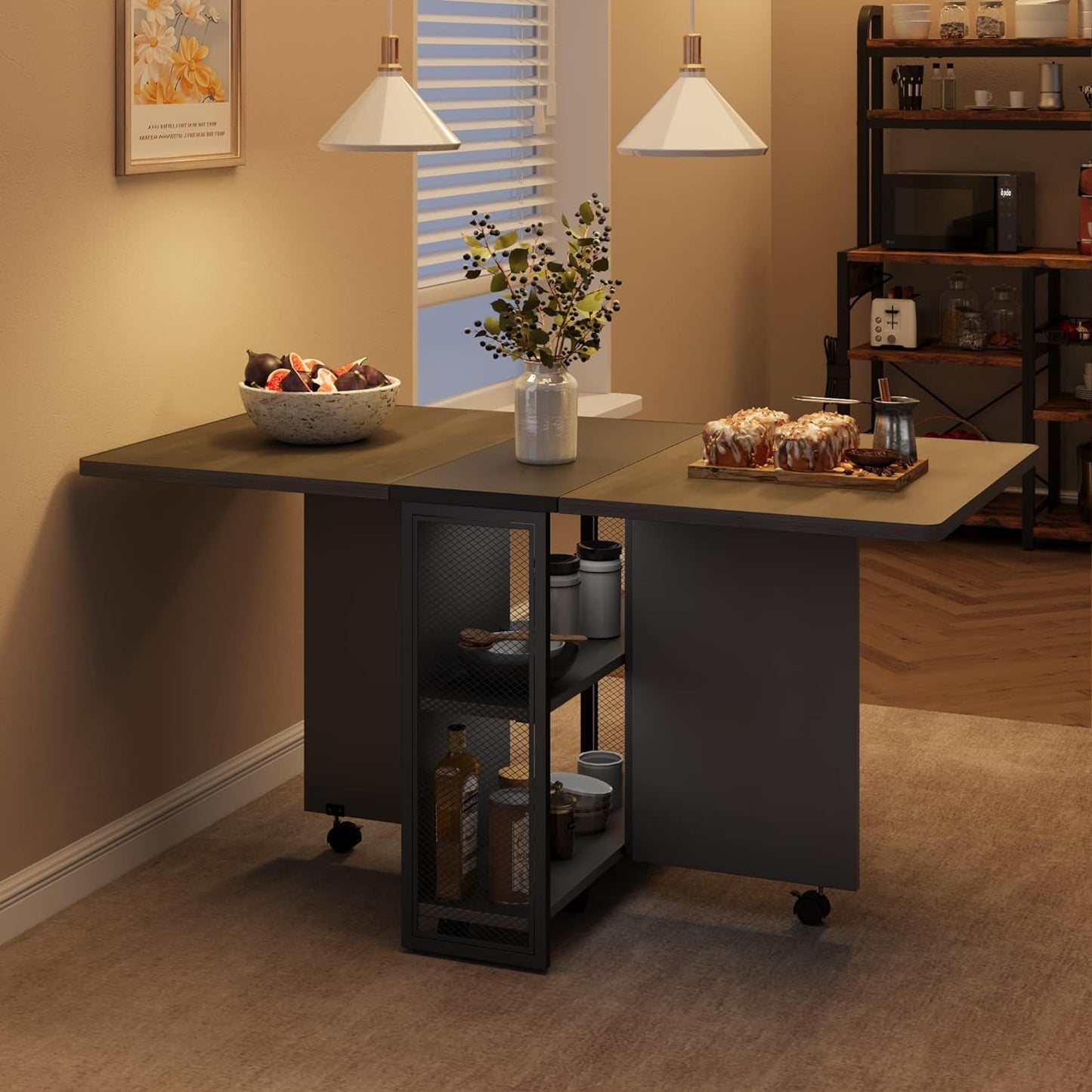 GarveeHome Folding Dining Table, Space Saving Farmhouse Dining Table for 4 Storage Shelf, 6 Wheels Multipose Expandable Kitchen Drop Leaf Table for Small Space (Carlo Grey, 50.1"D x 31.4"W x 29.5"H)