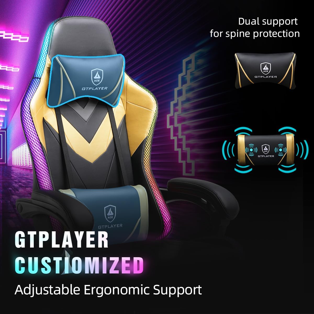 GTPLAYER Gaming Chair, RGB Gaming Chairs with LED Lights, Video Gaming Chair for Adults, Ergonomic Computer Gaming Chair with Linkage Armrest, Reclining Chair with Headrest (with Massage, Yellow)