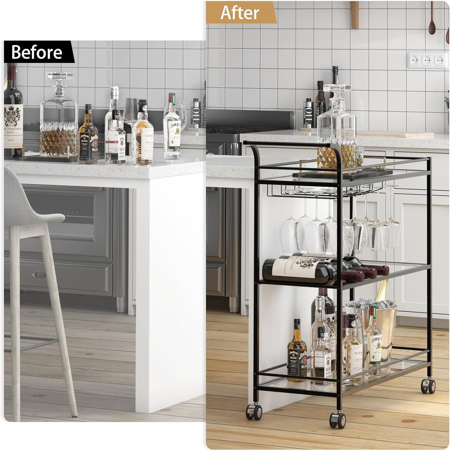 Black Bar Cart, Home Bar Serving Cart with Handle, Wine Cart with 3-Tier Glass Shelves, Beverage Cart with Wine Rack and Glass Holder, Bar Carts for The Home, Dining Room, Living Room