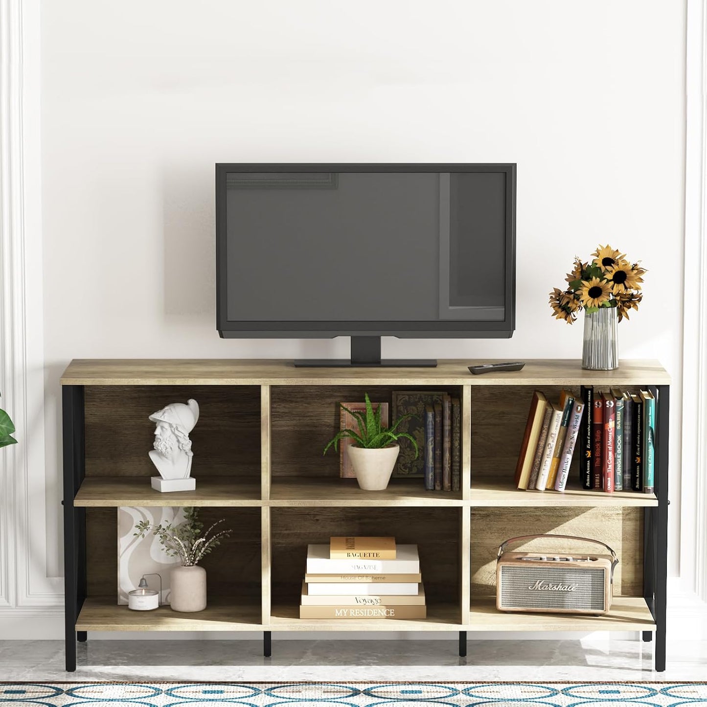 Horizontal Bookshelf Bookcase,6 Cube Storage Organizer with Open Shelf,47 Inch Industrial Low Wide Wood and Metal Cubby shelf,Long shelving unit for Home Office Living Room(Rustic Oak,6 Cube)