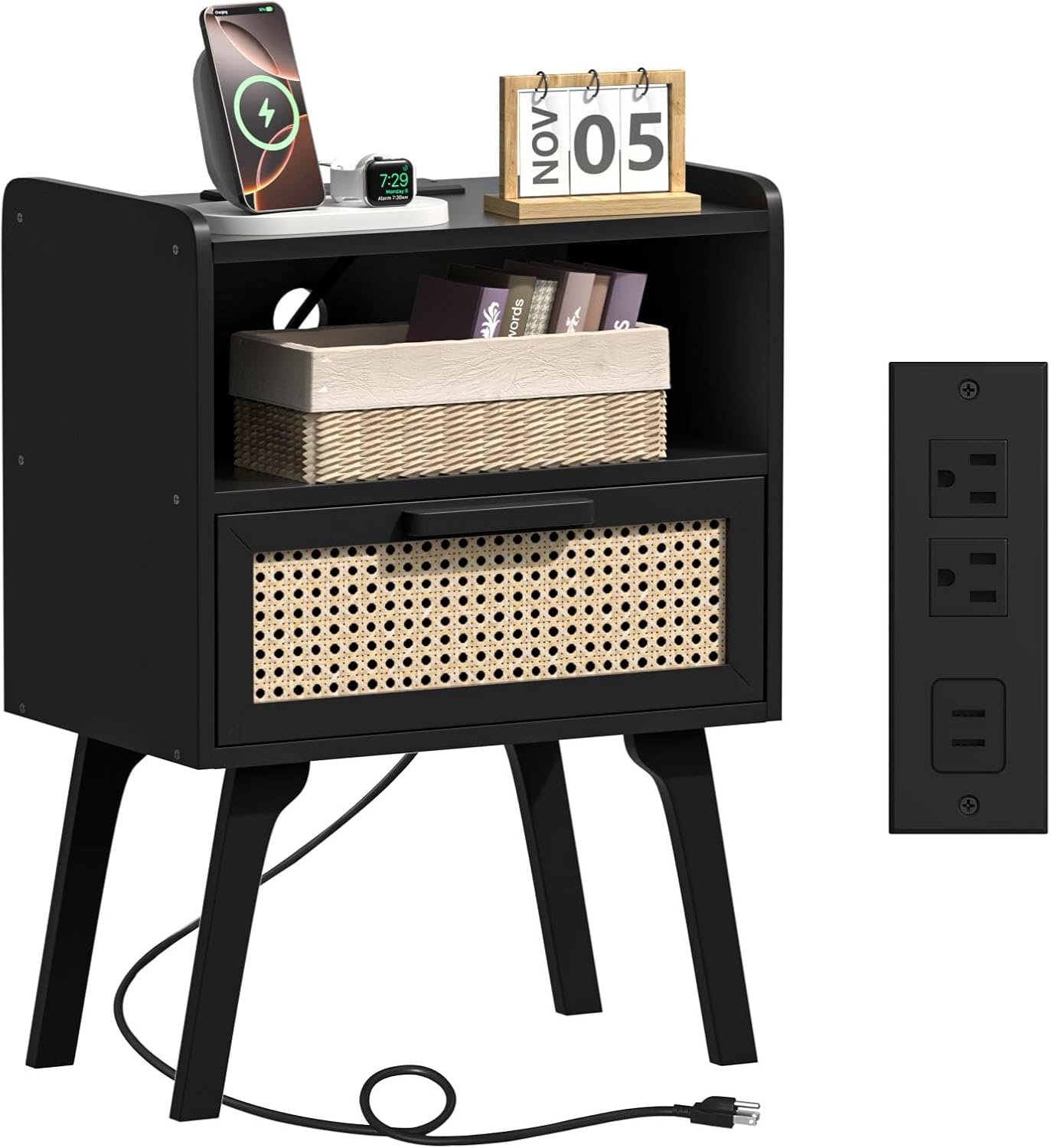 Lerliuo Rattan Nightstand with Charging Station, Black Bedside Table with Drawer Open Shelf, Cane Accent Side End Table with Solid Wood Legs, Night Stand for Bedroom, Dorm and Small Spaces