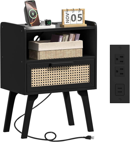 Lerliuo Rattan Nightstand with Charging Station, Black Bedside Table with Drawer Open Shelf, Cane Accent Side End Table with Solid Wood Legs, Night Stand for Bedroom, Dorm and Small Spaces