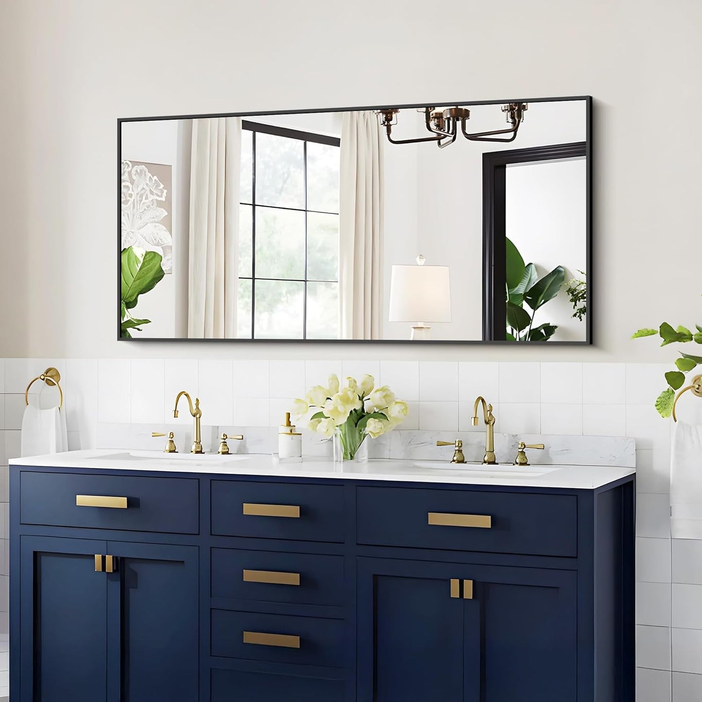 48x24In Black Bathroom Mirror for Wall, Rectangle Mirrors with Metal Frame, Bathroom Rectangular Mirror Modern Wall Mirror for Bedroom Living Room, Entryway Hangs Horizontal or Vertical