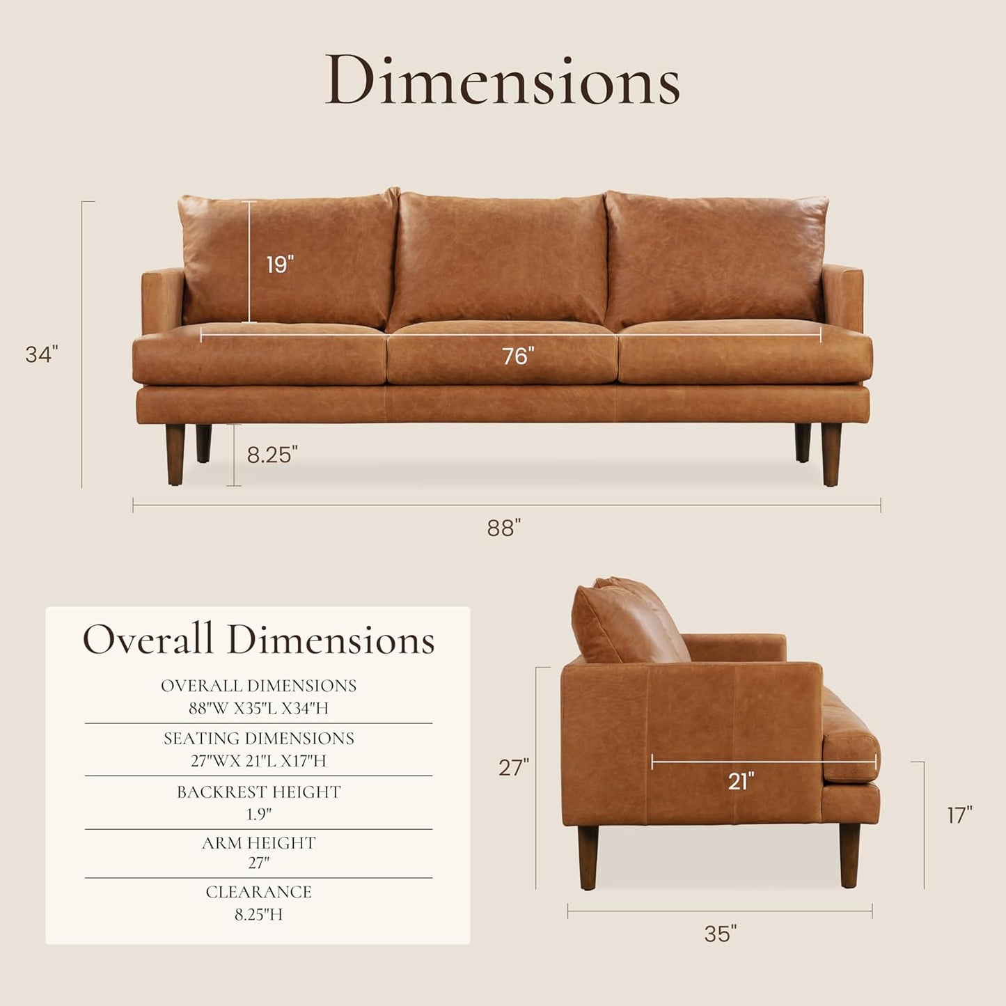 Poly & Bark Girona Leather Couch - 88 Inch Sofa with Tufted Back - Sofa for Living Room with Feather-Down Topper - Living Room Couch - Full-Grain Vintage Italian Leather in Cognac Tan