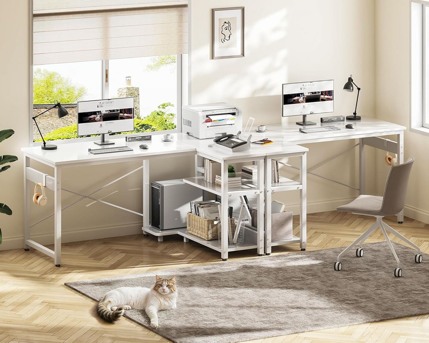 Casaottima L Shaped Computer Desk, 48 Inch Small Corner Desk with Storage Shelves & PC Stand, Reversible Gaming Desk for Bedroom, Modern Writing Study Table for Home Office, White