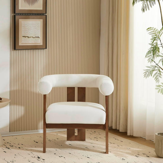 Christopher Knight Home Modern Velvet Upholstered Accent Chair for Living Room, Home Office, Apartment, Arm Chair with Curve Backrest and Birch Wood Legs, Three Legs Structure, White and Brown
