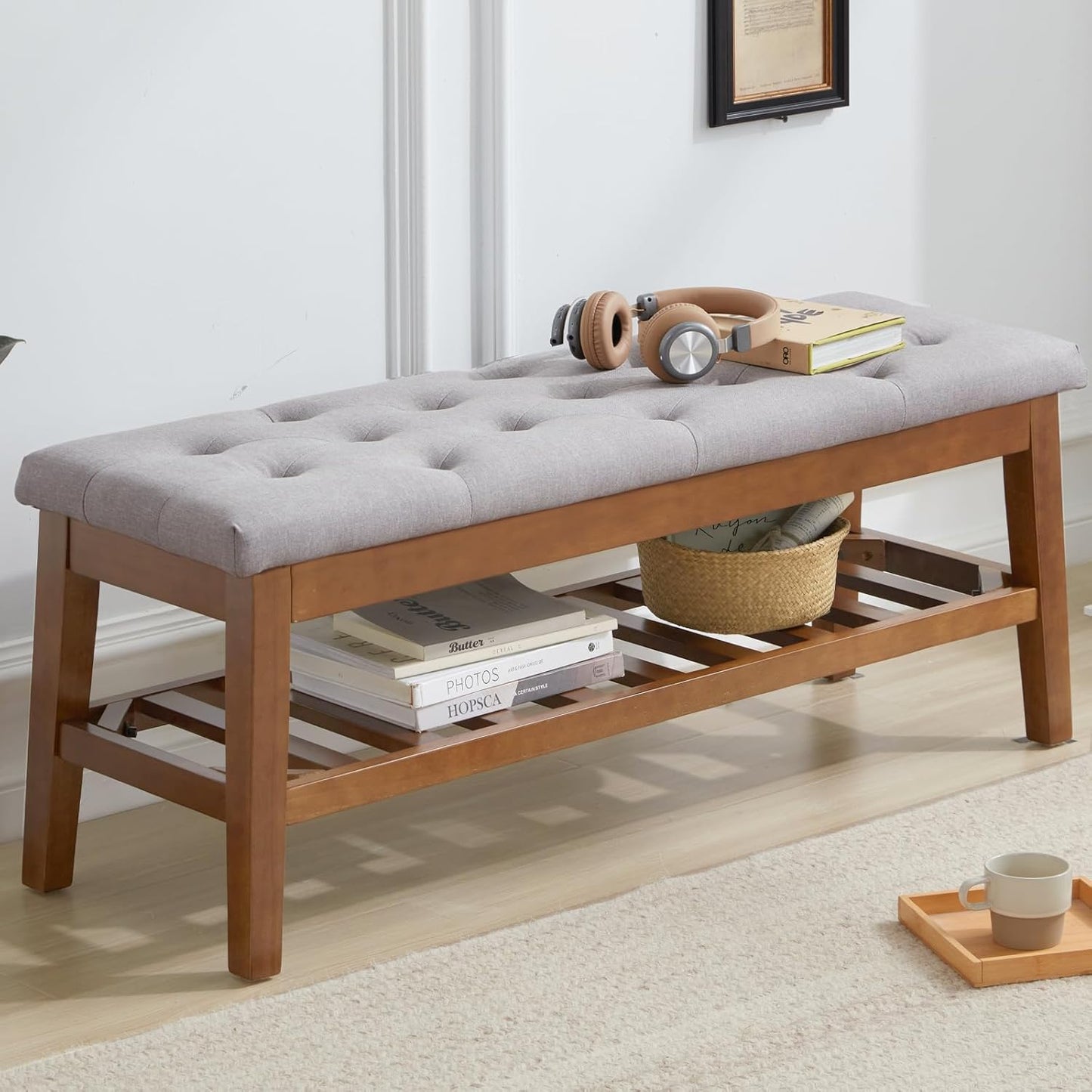 Upholstered Shoe Bench Entryway Bench for Bedroom, End of Bed, Ottoman Bench Tufted Padded Seat with Solid Wood Shelf for Living Room, Linen Ash Gray