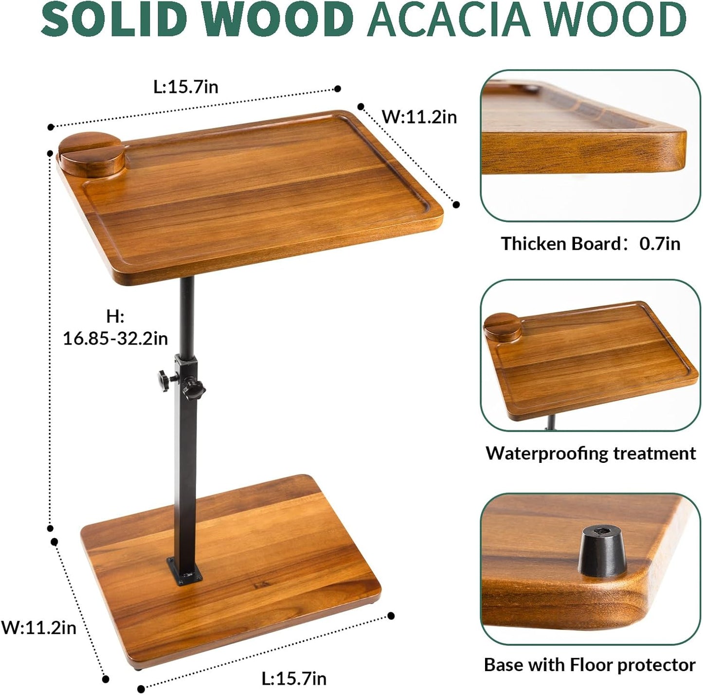 Solid Wood Acacia Wood Couch Table,360° Swivel Height Adjustable C Table with Phone & Tablet Stand,TV Trays for Eating on Couch, Bedroom or Livingroom, Oblong.