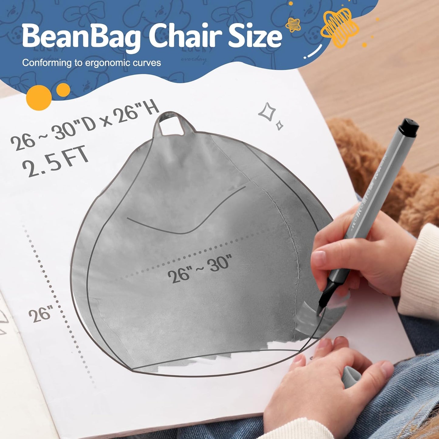 Homguava 2FT Bean Bag Chair: 2' Bean Bags with Memory Foam Filled,Comfy Beanbag Chairs Round Bean Bag Sofa with Dutch Velvet Cover-Light Grey